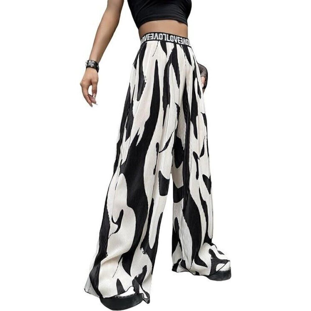 Shein High Waist Print Wide Leg Pants Boho Loose Casual Palazzo Trousers Sz 4